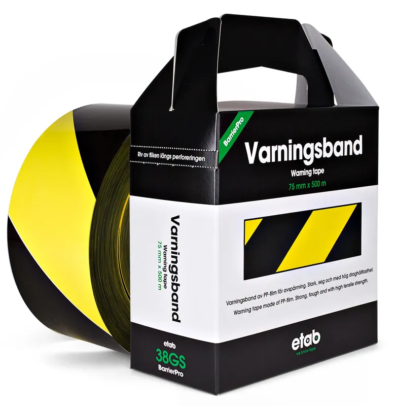 VARNINGSBAND 38GS GUL/SVA 75MM Säker betalning